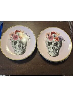 Pink Rose Skull Plates Porcelain Harvest Green Studio 8 Inch Set Of 8 Halloween